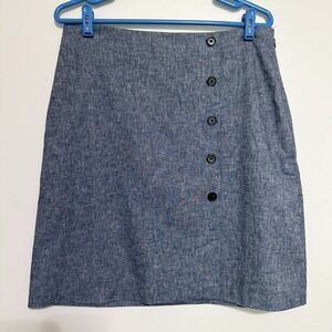 Ann Taylor Factory Pencil Skirt Womens Size 6 Blue Chambray Buttons‎ Linen Blend